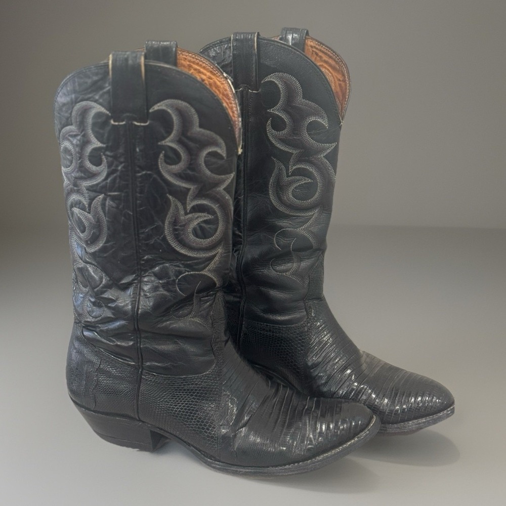 Vintage Nokona Teju Lizard Cowboy Boots Mens 8D Black Cat Paw Heel Exotic - READ